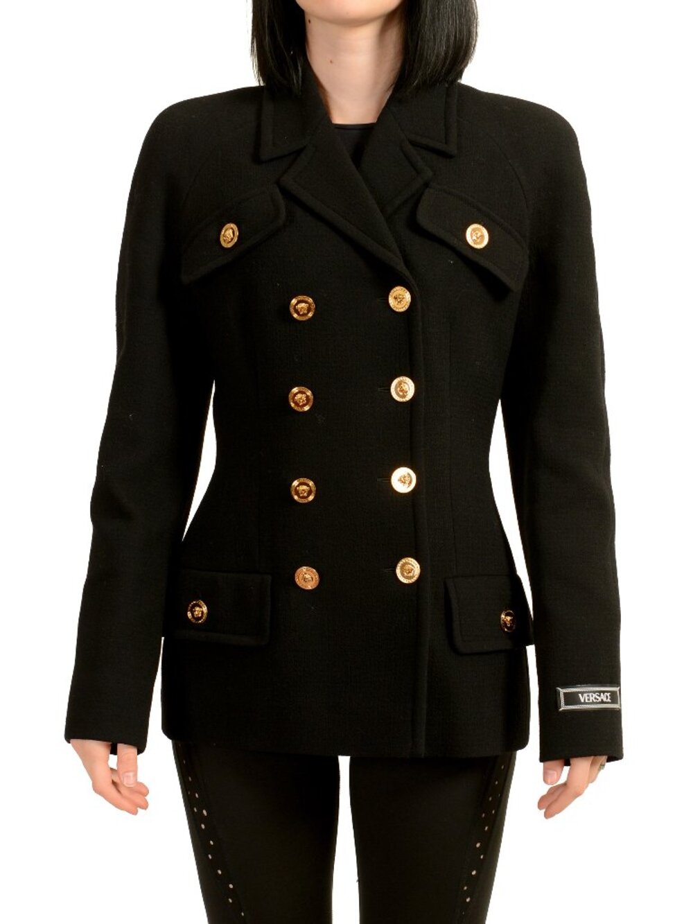 Versace Women's Black Wool Double Breasted Coat Peacoat US S IT 40